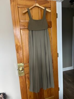 Anthropologie Olive Green Knit-Bodice Pleated Maxi Dress